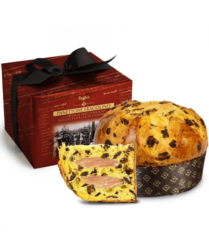 Zaghis Panettone s kúskami jahôd a horkej čokolády s krémom z vína Fragolino 800g